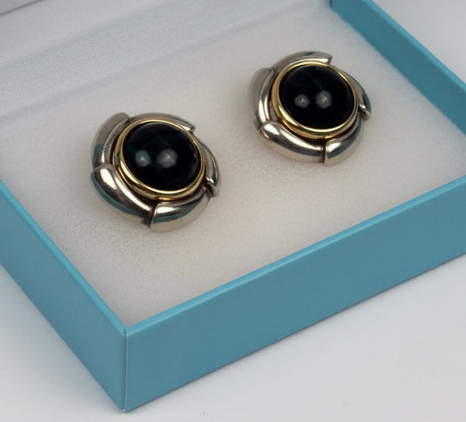 Tiffany & Co Malachite Earrings 925 Sterling Silver 750 Gold Omega Clip Signed