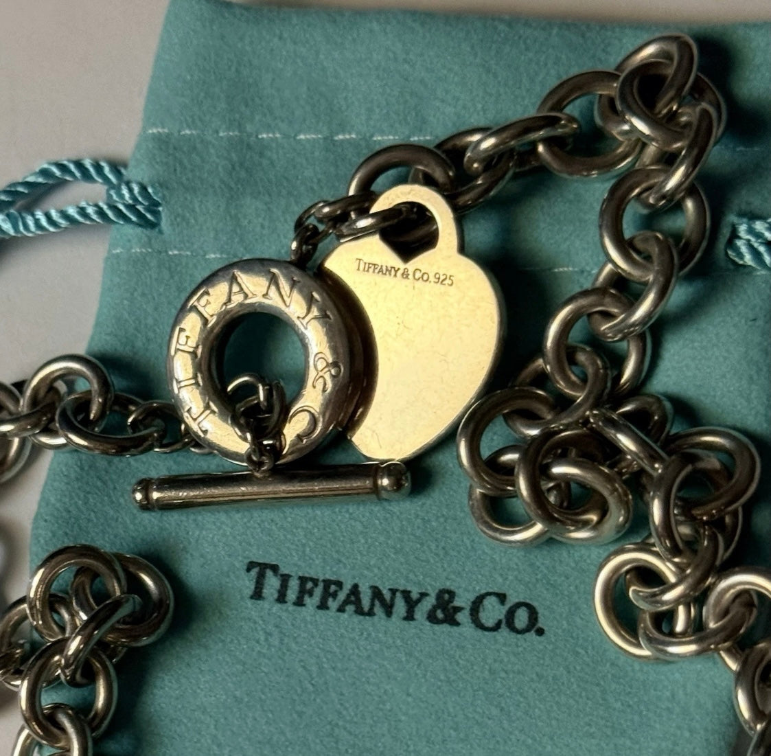 Tiffany & Co Sterling Silver Heart Tag Toggle Necklace 16in 74.1g w Pouch