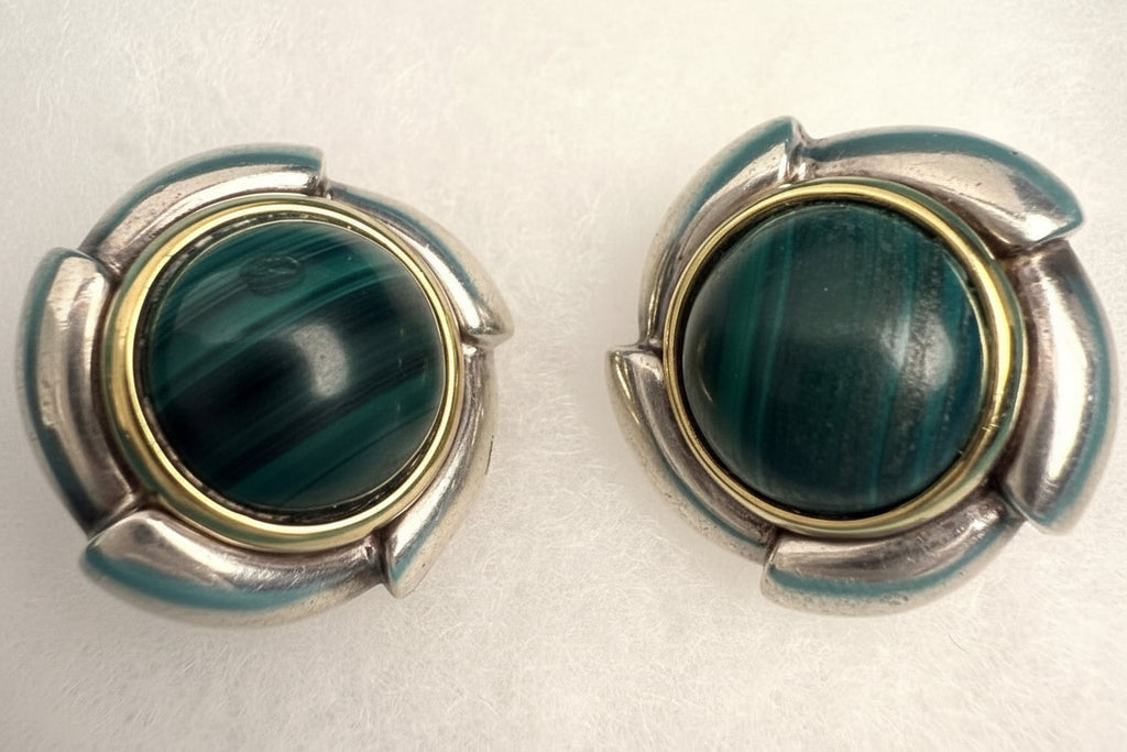 Tiffany & Co Malachite Earrings 925 Sterling Silver 750 Gold Omega Clip Signed