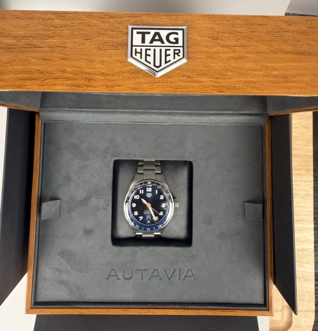 TAG Heuer Autavia GMT 60th Anniversary Blue Dial Batman Bezel Calibre 7 42mm Full Set