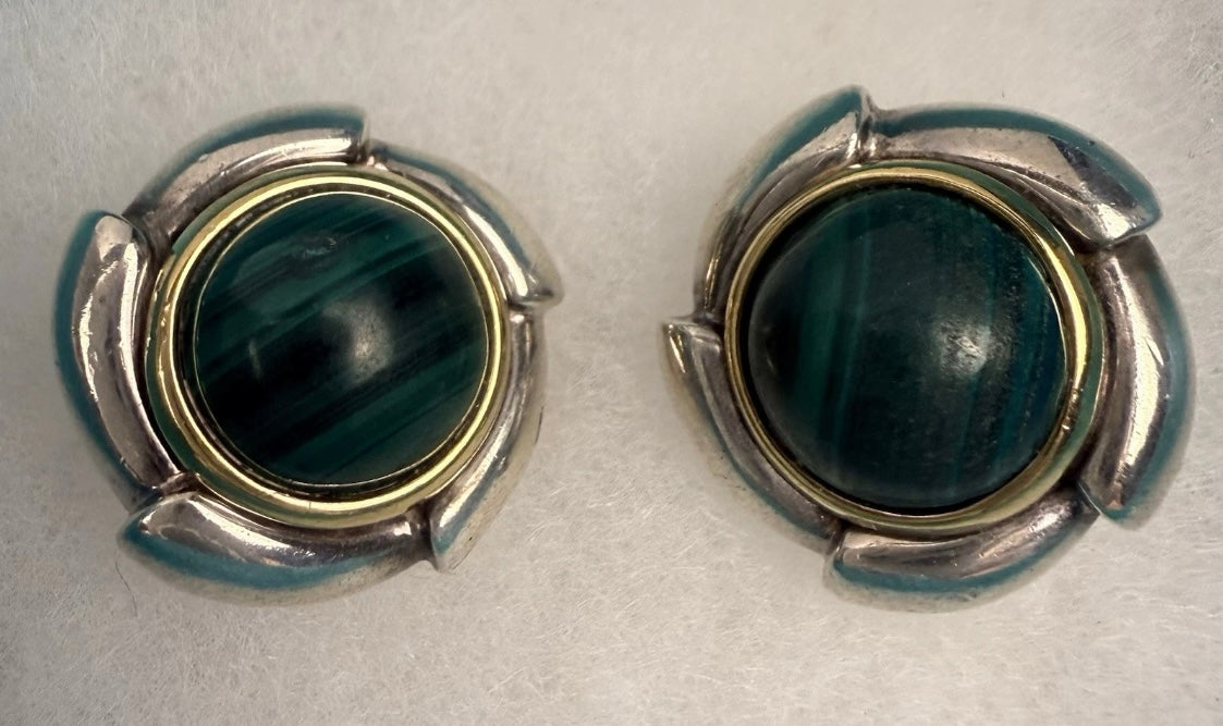 Tiffany & Co Malachite Earrings 925 Sterling Silver 750 Gold Omega Clip Signed