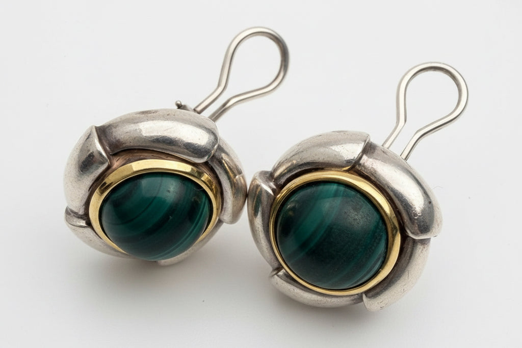 Tiffany & Co Malachite Earrings 925 Sterling Silver 750 Gold Omega Clip Signed
