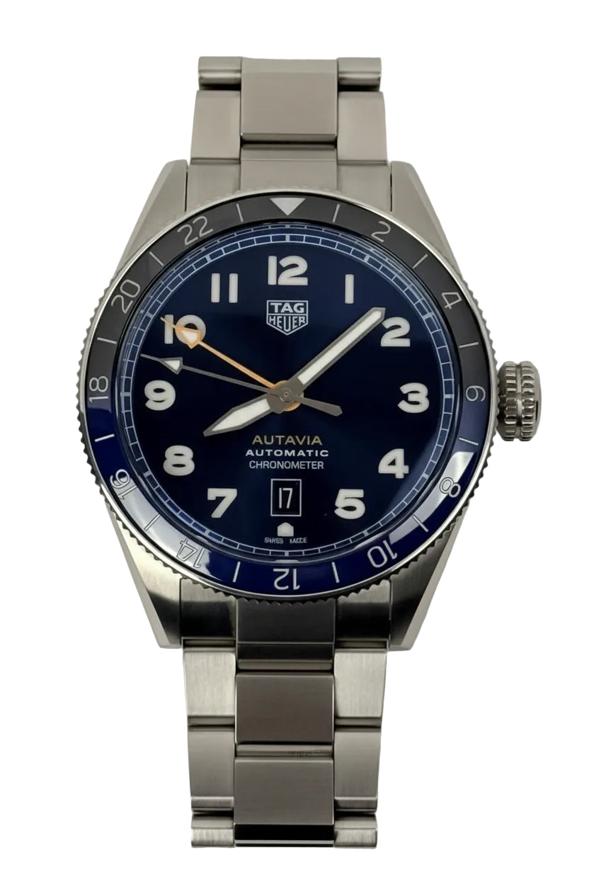 TAG Heuer Autavia GMT 60th Anniversary Blue Dial Batman Bezel Calibre 7 42mm Full Set
