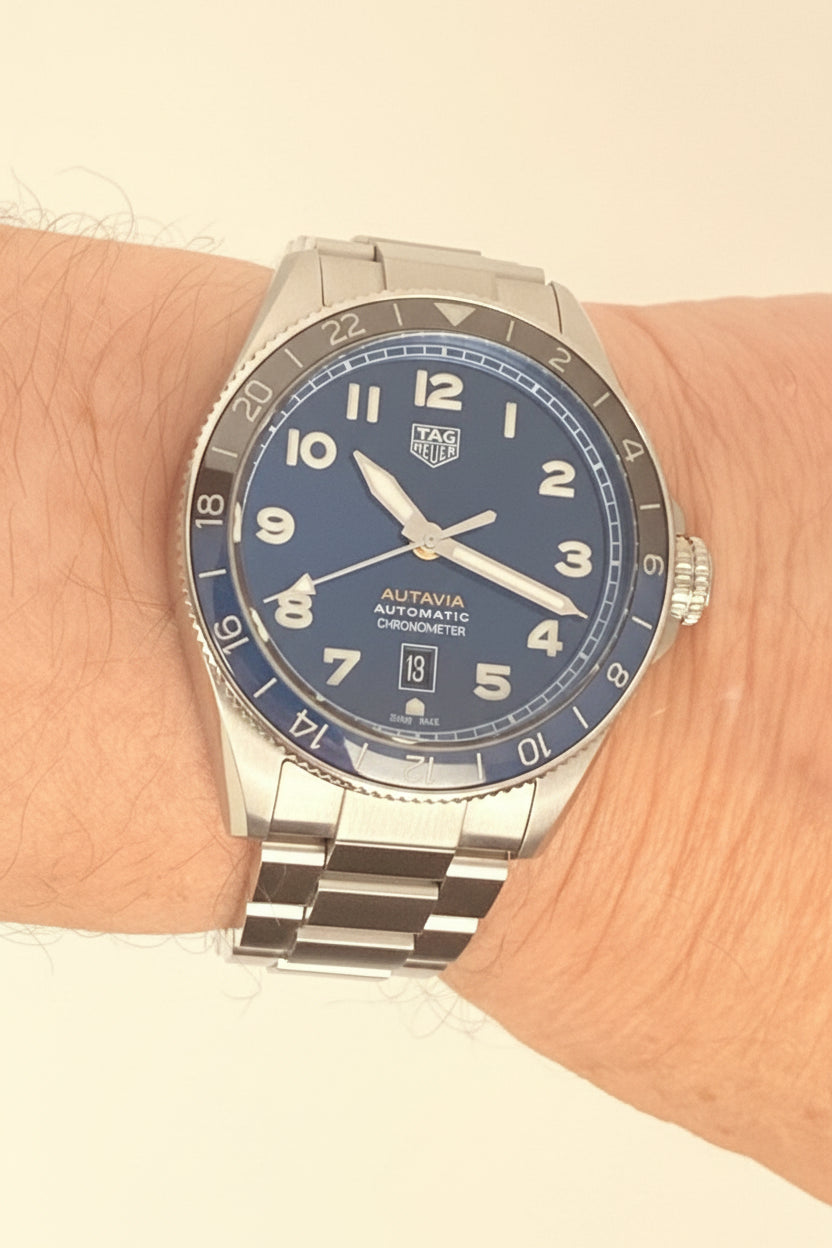 TAG Heuer Autavia GMT 60th Anniversary Blue Dial Batman Bezel Calibre 7 42mm Full Set