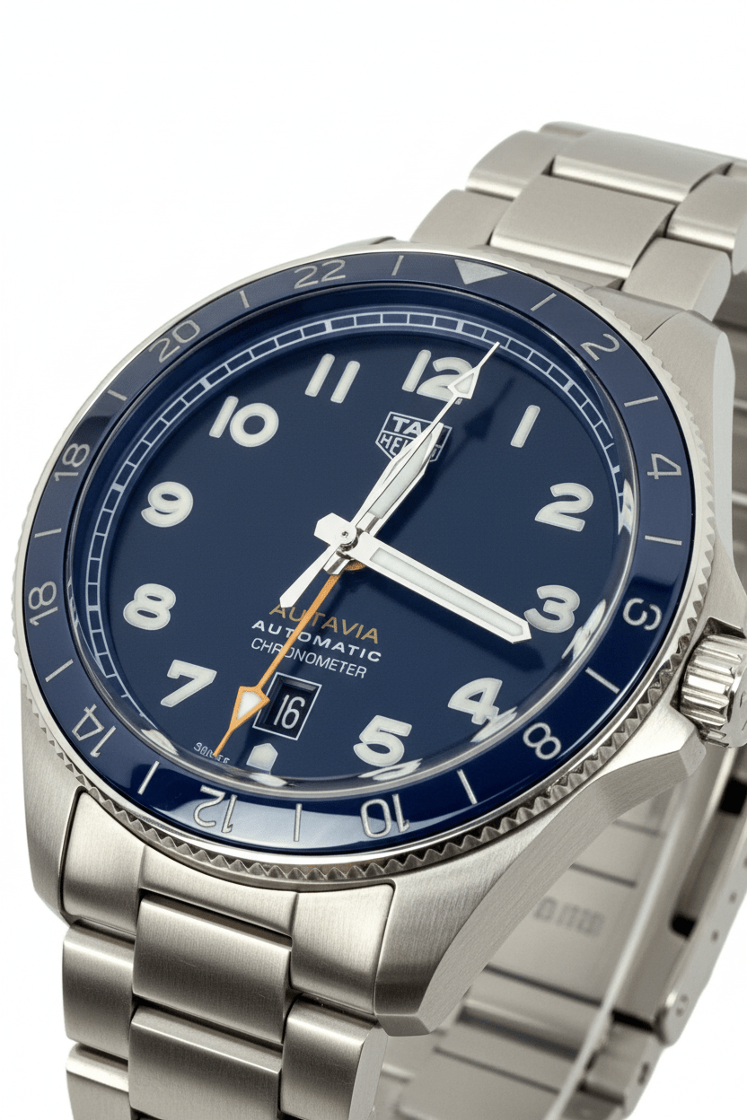 TAG Heuer Autavia GMT 60th Anniversary WBE511A 42mm Blue Dial Automatic Batman Bezel Full Set - Coyle Fine Jewelry & Timepieces