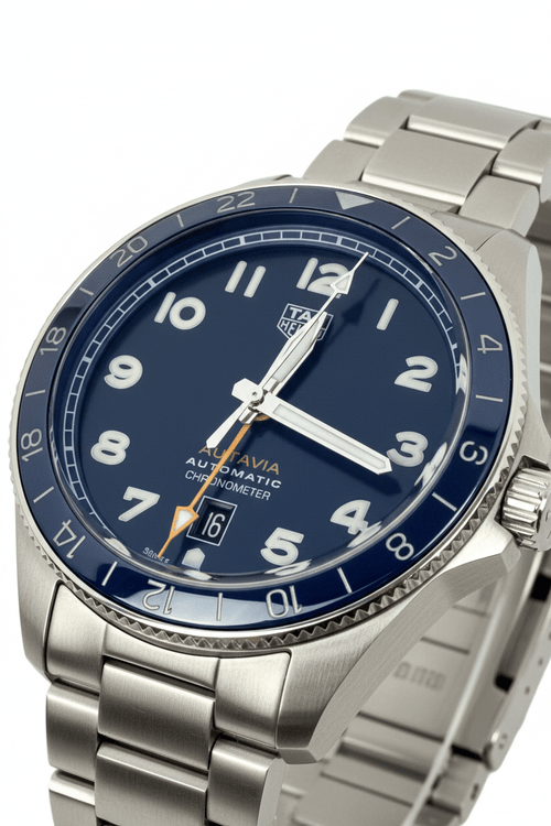 TAG Heuer Autavia GMT 60th Anniversary WBE511A 42mm Blue Dial Automatic Batman Bezel Full Set - Coyle Fine Jewelry & Timepieces