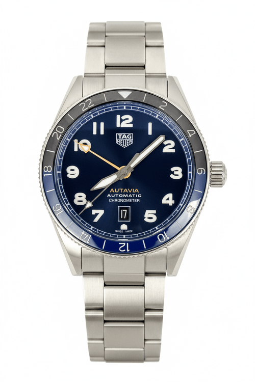 TAG Heuer Autavia GMT 60th Anniversary WBE511A 42mm Blue Dial Automatic Batman Bezel Full Set - Coyle Fine Jewelry & Timepieces